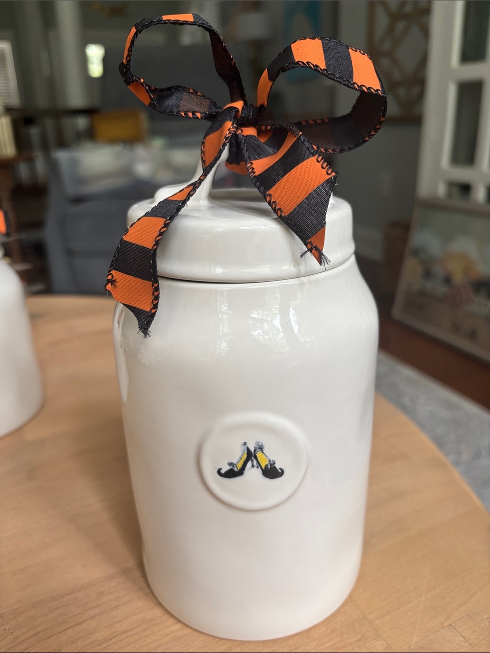 Rae Dunn RARE Halloween Witches Shoes Ceramic White Canister HTF